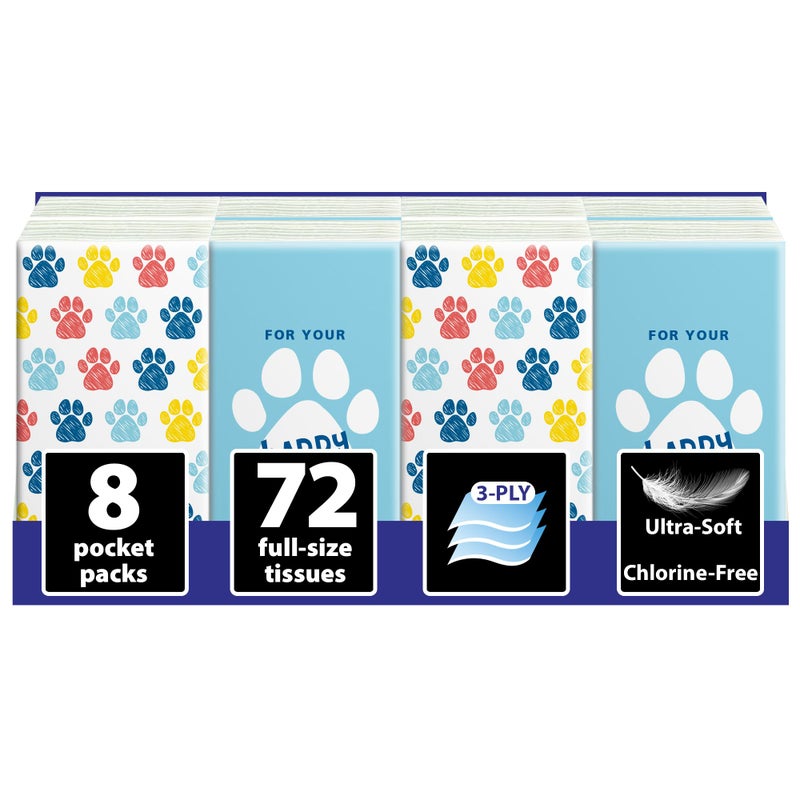 Funwares Travel Tissue Packs â€“ 8 Compact 3-Ply Packs (72 Total), Soft Chlorine-Free Facial Tissues for Purse, Car, or School, Gentle & Durable, Non-Bleach, Playful Dog Design - Image 1